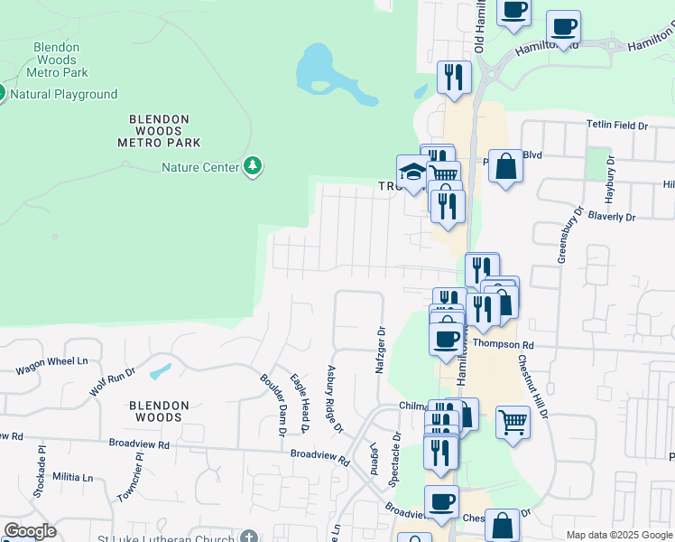 map of restaurants, bars, coffee shops, grocery stores, and more near 5596 Winsor Woods Drive in Columbus