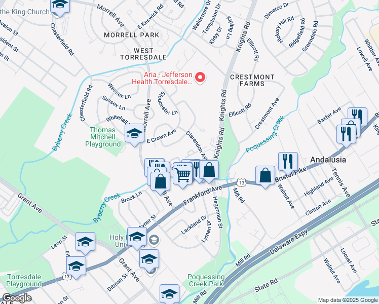 map of restaurants, bars, coffee shops, grocery stores, and more near 2732 Meetinghouse Road in Philadelphia