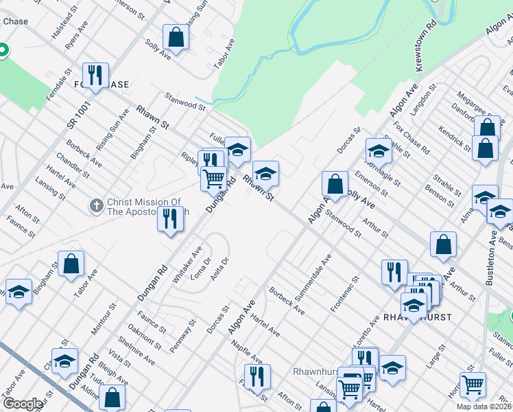 map of restaurants, bars, coffee shops, grocery stores, and more near 1330 Rhawn Street in Philadelphia