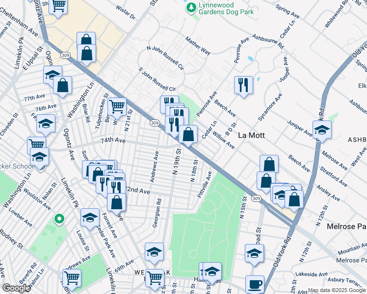 map of restaurants, bars, coffee shops, grocery stores, and more near 1832 West Cheltenham Avenue in Philadelphia