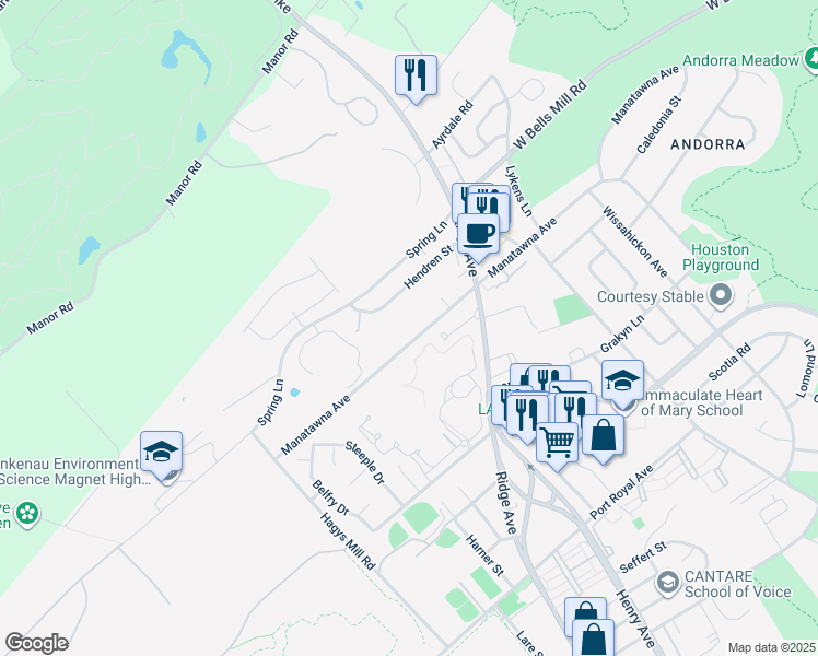 map of restaurants, bars, coffee shops, grocery stores, and more near 734 Manatawna Avenue in Philadelphia
