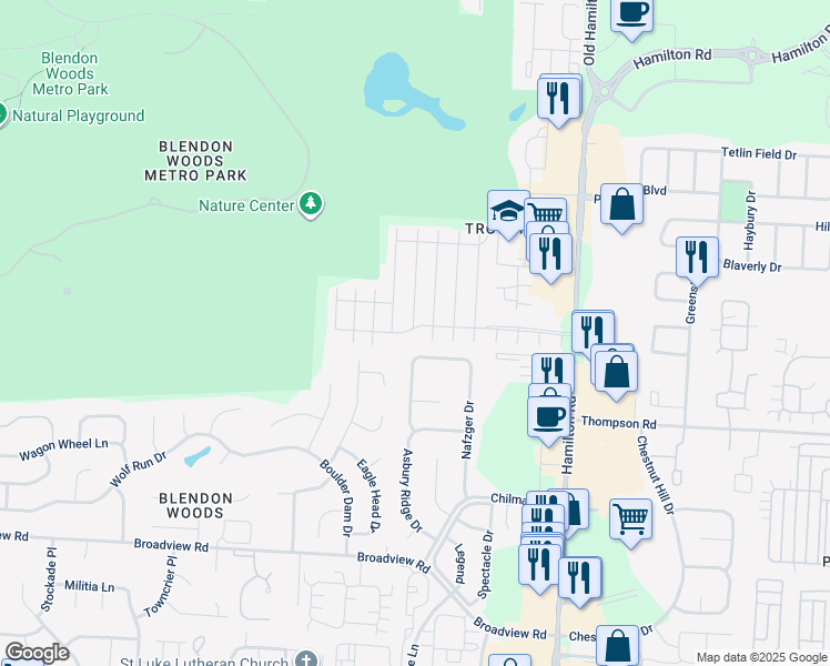 map of restaurants, bars, coffee shops, grocery stores, and more near 5596 Winsor Woods Drive in Columbus