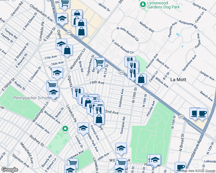 map of restaurants, bars, coffee shops, grocery stores, and more near 7352 North 20th Street in Philadelphia