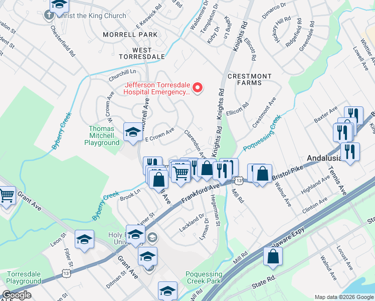 map of restaurants, bars, coffee shops, grocery stores, and more near 3750 Clarendon Avenue in Philadelphia