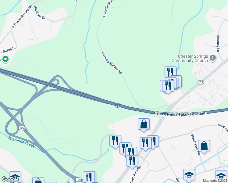 map of restaurants, bars, coffee shops, grocery stores, and more near 420 Lionville Station Road in Chester Springs