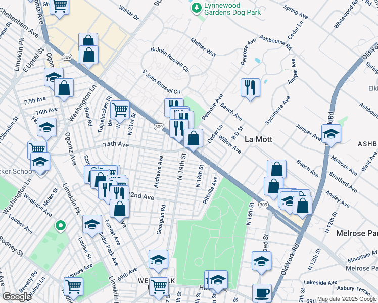 map of restaurants, bars, coffee shops, grocery stores, and more near 1832 West Cheltenham Avenue in Philadelphia