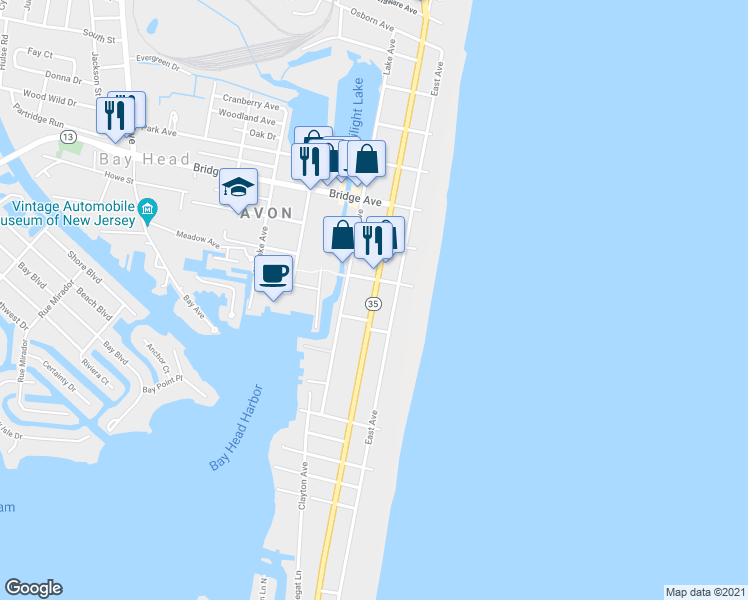 map of restaurants, bars, coffee shops, grocery stores, and more near 536 Ocean Avenue in Bay Head