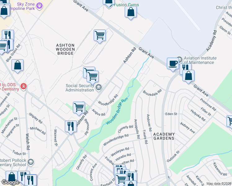 map of restaurants, bars, coffee shops, grocery stores, and more near 9424 Woodbridge Road in Philadelphia