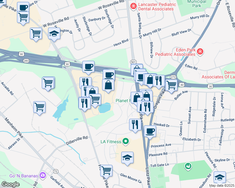 map of restaurants, bars, coffee shops, grocery stores, and more near 420 Mayer Place in Lancaster
