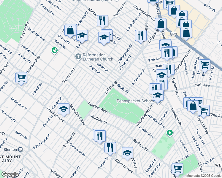 map of restaurants, bars, coffee shops, grocery stores, and more near 1198 1/2 East Upsal Street in Philadelphia