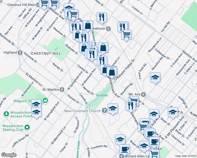 map of restaurants, bars, coffee shops, grocery stores, and more near 7705 Crefeld Street in Philadelphia