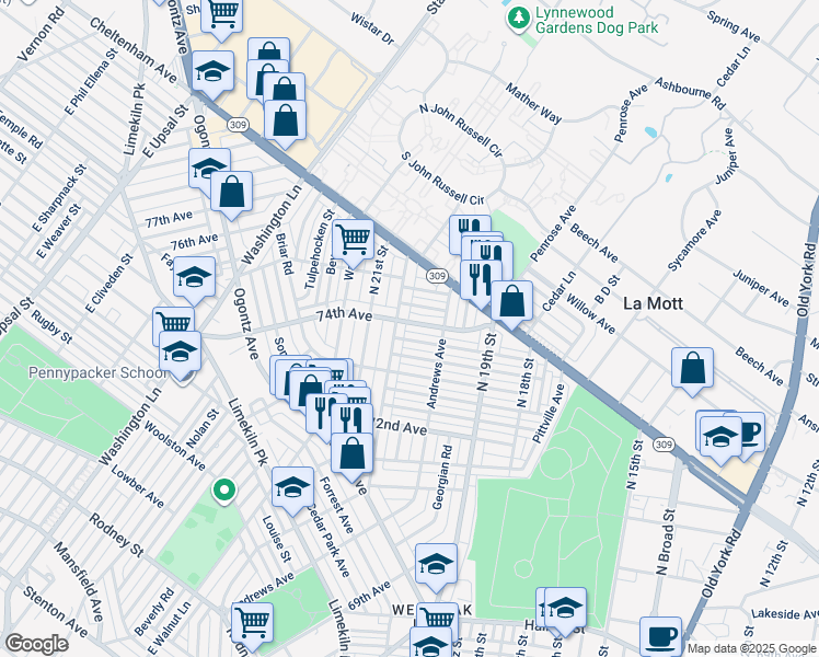 map of restaurants, bars, coffee shops, grocery stores, and more near 1984 74th Avenue in Philadelphia