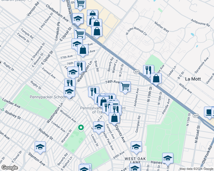 map of restaurants, bars, coffee shops, grocery stores, and more near 2156 74th Avenue in Philadelphia