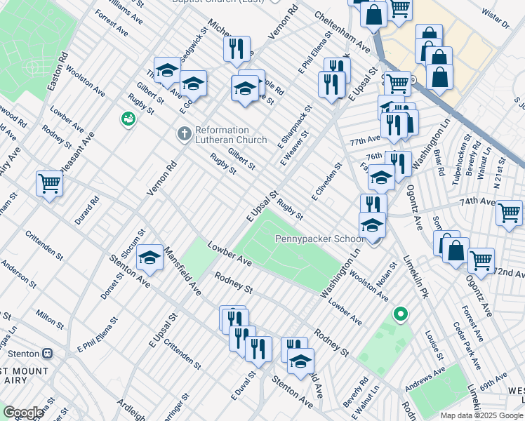 map of restaurants, bars, coffee shops, grocery stores, and more near 1198 1/2 East Upsal Street in Philadelphia