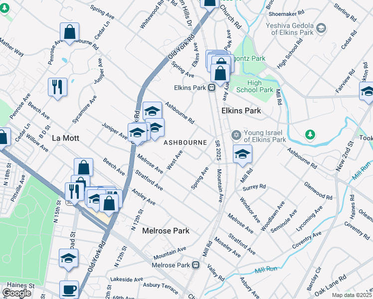 map of restaurants, bars, coffee shops, grocery stores, and more near 425 Chapel Road in Melrose Park