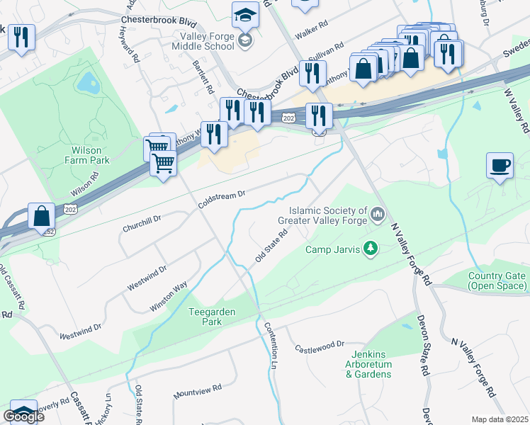 map of restaurants, bars, coffee shops, grocery stores, and more near 272 Old State Road in Berwyn