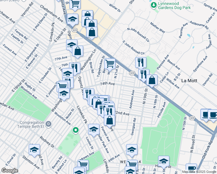 map of restaurants, bars, coffee shops, grocery stores, and more near 7349 East Walnut Lane in Philadelphia