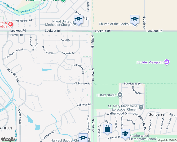 map of restaurants, bars, coffee shops, grocery stores, and more near 5154 Buckingham Road in Boulder