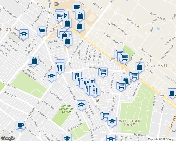 map of restaurants, bars, coffee shops, grocery stores, and more near 2156 74th Avenue in Philadelphia
