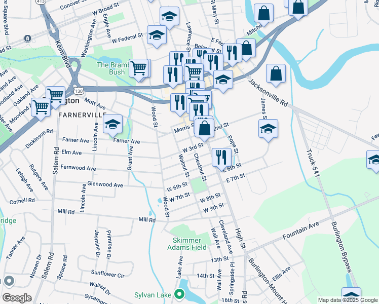 map of restaurants, bars, coffee shops, grocery stores, and more near 30 West 4th Street in Burlington