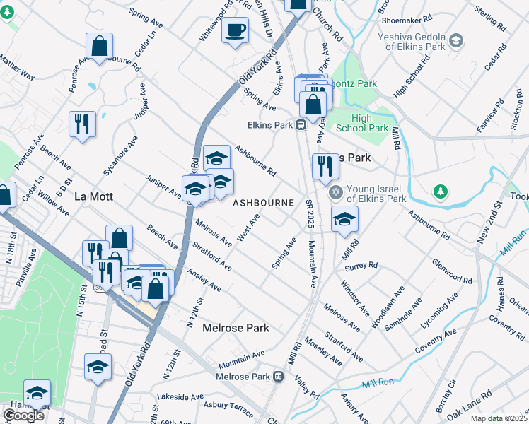 map of restaurants, bars, coffee shops, grocery stores, and more near 425 Chapel Road in Melrose Park