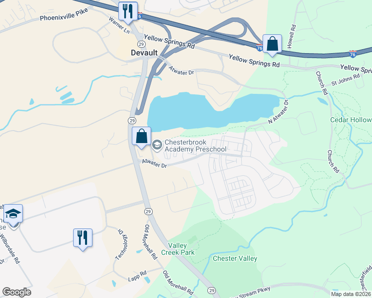 map of restaurants, bars, coffee shops, grocery stores, and more near 7000 Dee Lane in Malvern