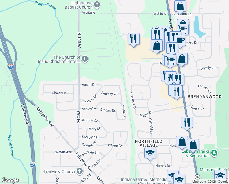 map of restaurants, bars, coffee shops, grocery stores, and more near 1214 Lindsey Lane in Lebanon