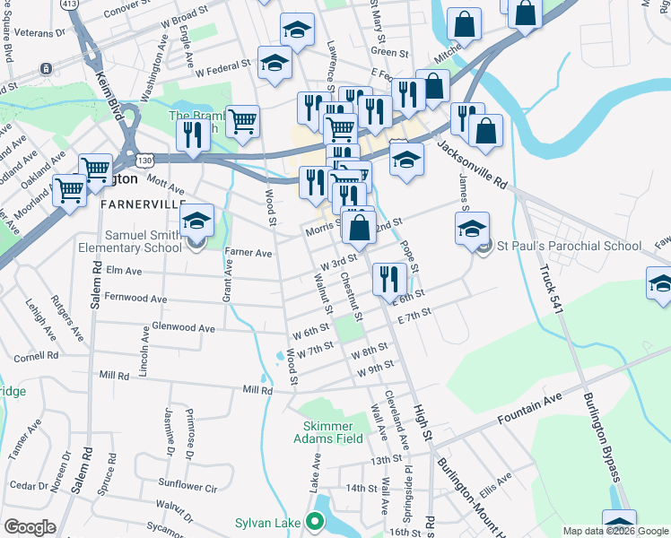 map of restaurants, bars, coffee shops, grocery stores, and more near 30 West 4th Street in Burlington