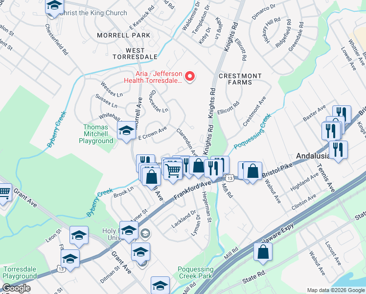 map of restaurants, bars, coffee shops, grocery stores, and more near 9984 Crestmont Avenue in Philadelphia