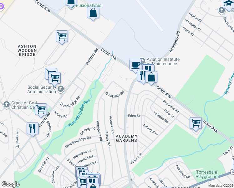 map of restaurants, bars, coffee shops, grocery stores, and more near 9340 Campus Lane in Philadelphia