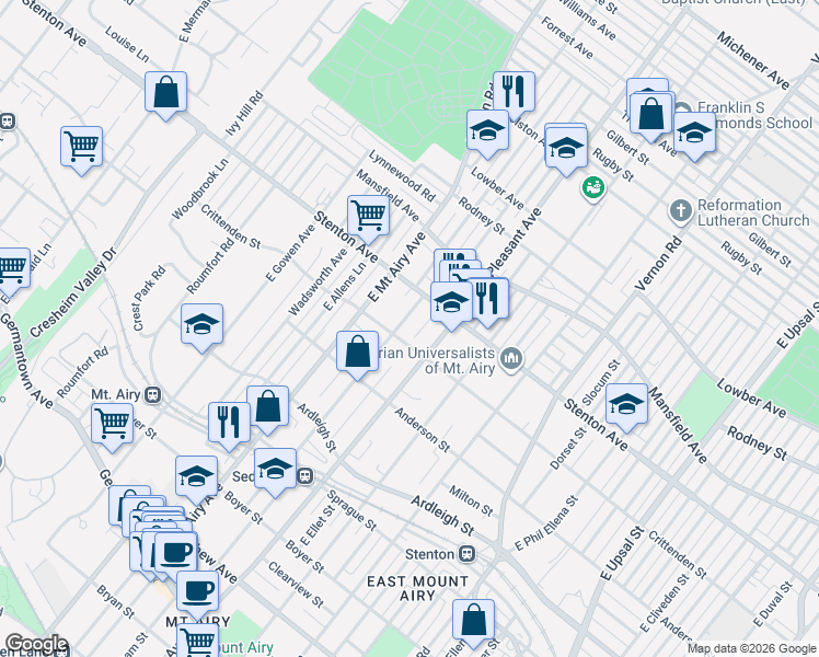 map of restaurants, bars, coffee shops, grocery stores, and more near 7126 Crittenden Street in Philadelphia