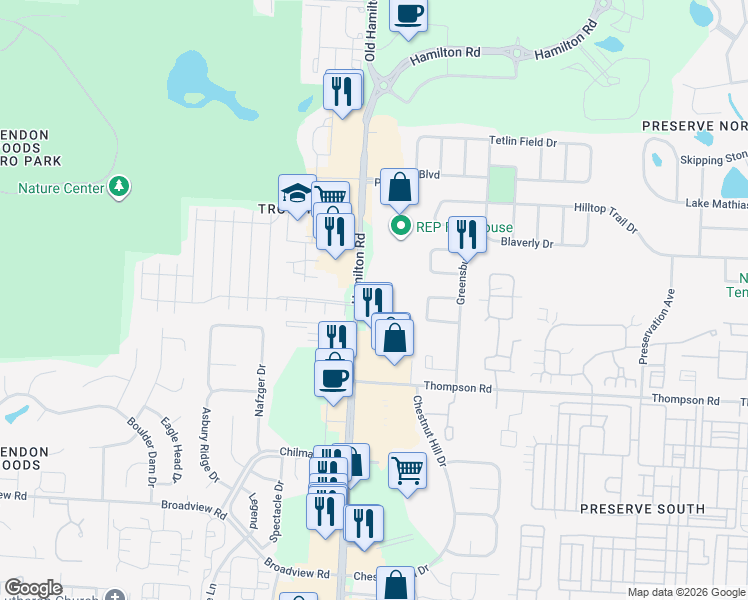 map of restaurants, bars, coffee shops, grocery stores, and more near 5354 North Hamilton Road in Columbus
