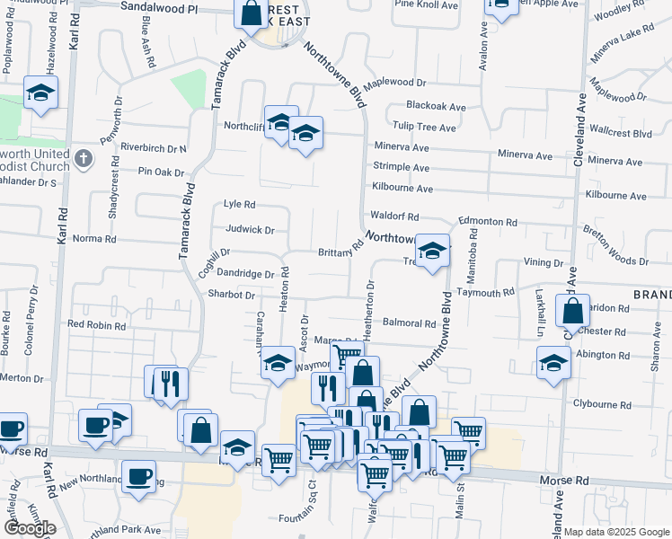 map of restaurants, bars, coffee shops, grocery stores, and more near 2058 Sharbot Drive in Columbus