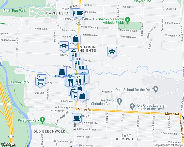 map of restaurants, bars, coffee shops, grocery stores, and more near 5140 North High Street in Columbus