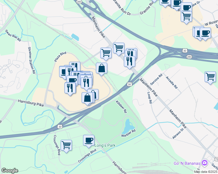 map of restaurants, bars, coffee shops, grocery stores, and more near 1135 Park City Center in Lancaster