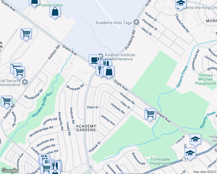 map of restaurants, bars, coffee shops, grocery stores, and more near 3318 Primrose Road in Philadelphia