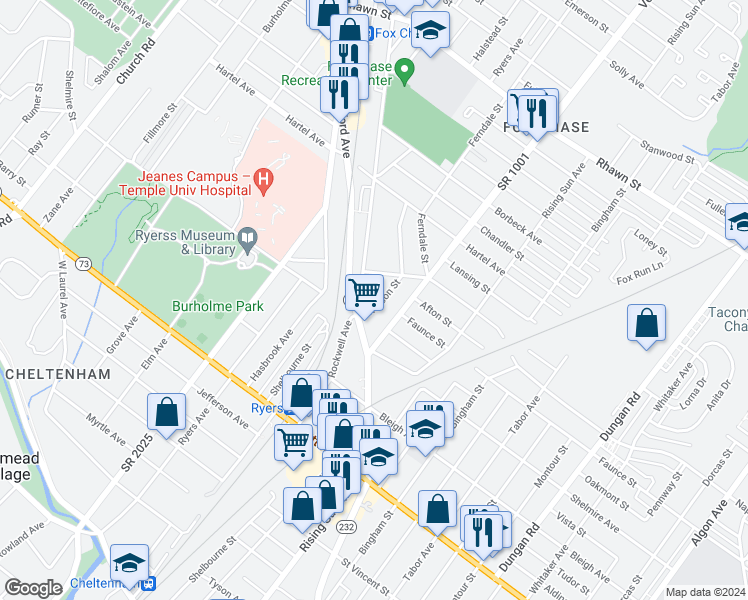 map of restaurants, bars, coffee shops, grocery stores, and more near 7524 Watson Street in Philadelphia