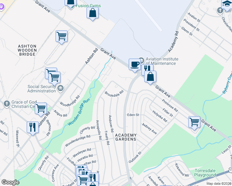 map of restaurants, bars, coffee shops, grocery stores, and more near 9340 Campus Lane in Philadelphia