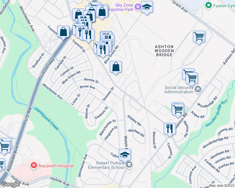 map of restaurants, bars, coffee shops, grocery stores, and more near 9118 Revere Street in Philadelphia