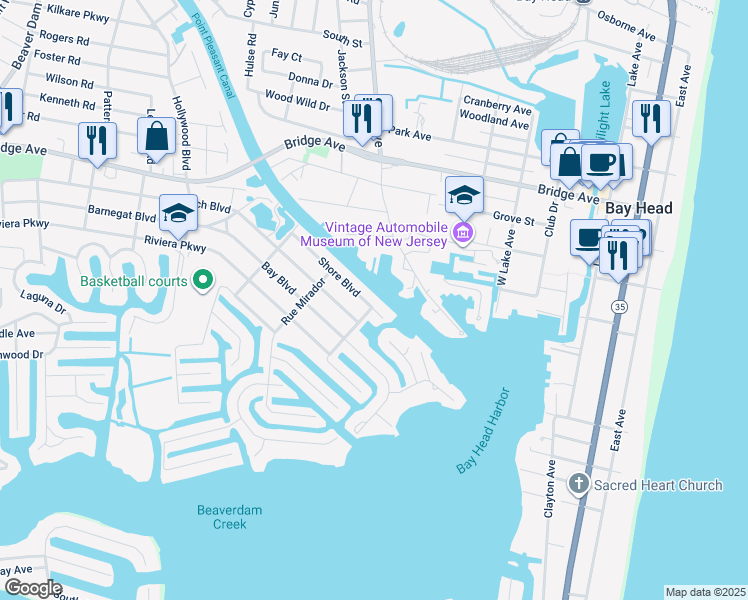 map of restaurants, bars, coffee shops, grocery stores, and more near 1710 Bay Boulevard in Point Pleasant