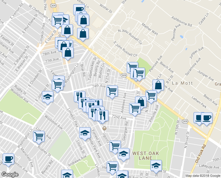 map of restaurants, bars, coffee shops, grocery stores, and more near 7358 North 20th Street in Philadelphia