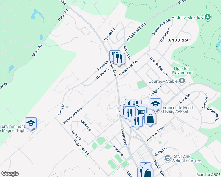 map of restaurants, bars, coffee shops, grocery stores, and more near 8816 Ridge Avenue in Philadelphia