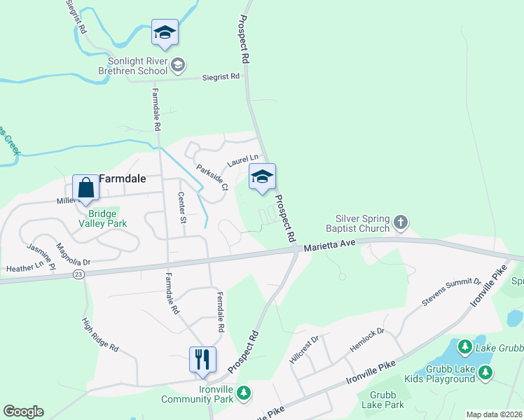 map of restaurants, bars, coffee shops, grocery stores, and more near 695 Prospect Road in Mount Joy