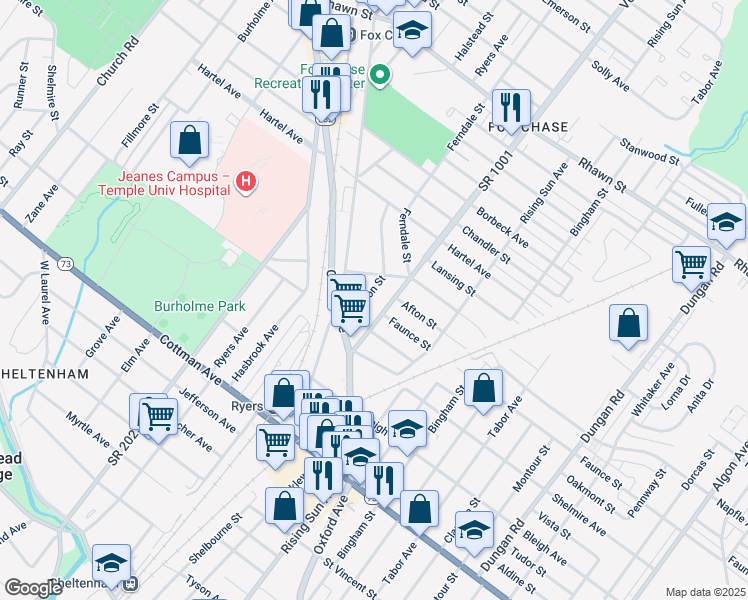 map of restaurants, bars, coffee shops, grocery stores, and more near 7533 Watson Street in Philadelphia