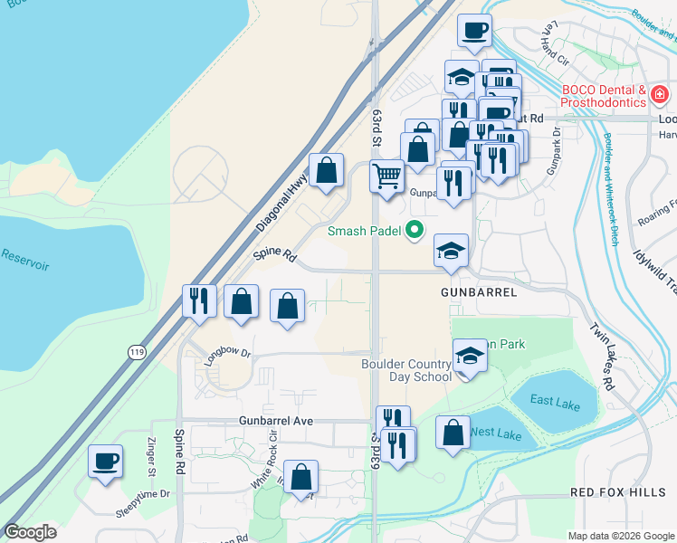 map of restaurants, bars, coffee shops, grocery stores, and more near 6211 Spine Road in Boulder
