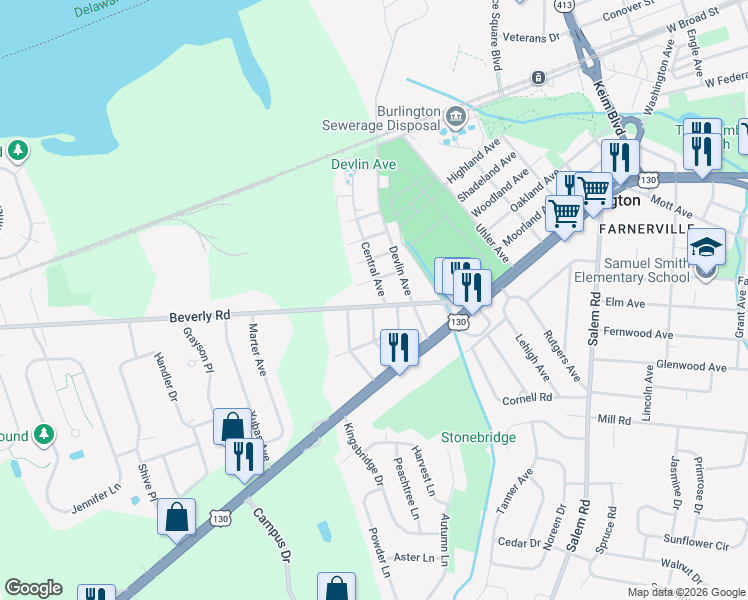 map of restaurants, bars, coffee shops, grocery stores, and more near 10 Central Avenue in Burlington