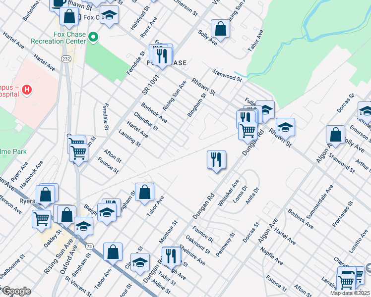 map of restaurants, bars, coffee shops, grocery stores, and more near 7839 Lawndale Avenue in Philadelphia