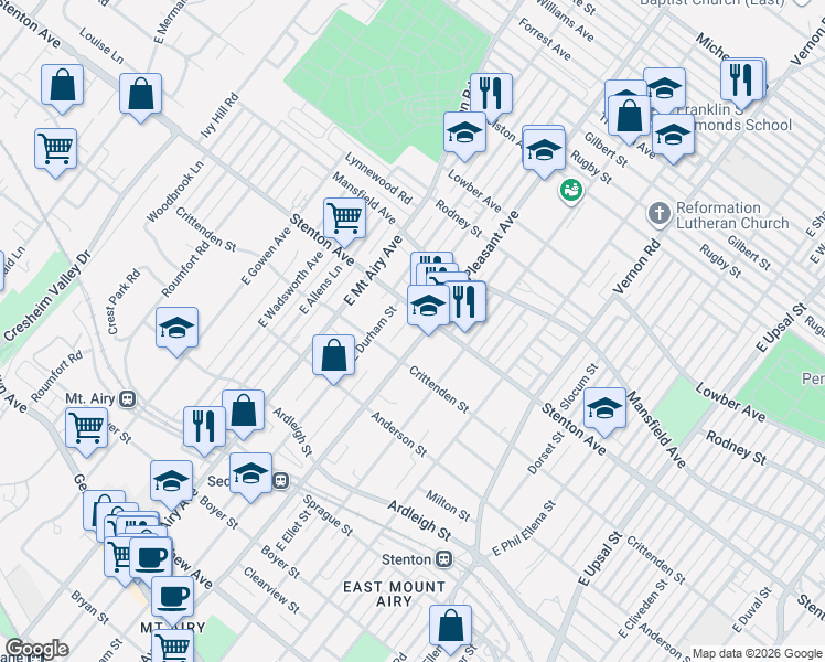 map of restaurants, bars, coffee shops, grocery stores, and more near 8211 Stenton Avenue in Philadelphia