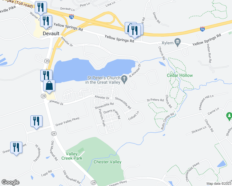 map of restaurants, bars, coffee shops, grocery stores, and more near 622 Cliff Lane in Malvern