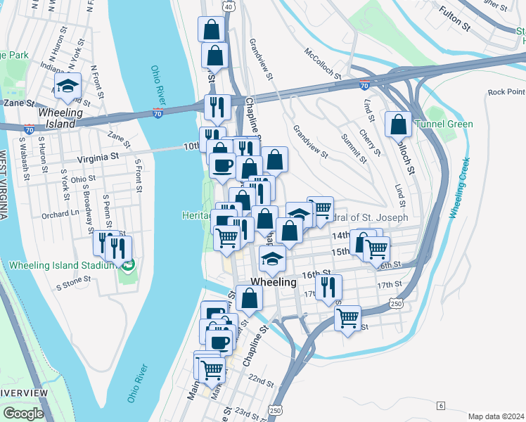map of restaurants, bars, coffee shops, grocery stores, and more near 91 Zane Street in Wheeling